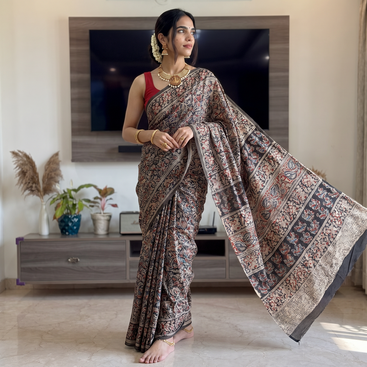 Multicolor Pedana Hand Block Print Natural Dyed Cotton Kalamkari Saree, draped and worn by a woman, AI visual of the saree, iTokri