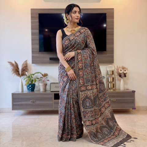 Brown Pedana Hand Block Print Natural Dyed Cotton Kalamkari Saree, draped and worn by a woman, AI visual of the saree, iTokri