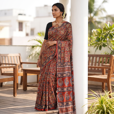 Red Pedana Hand Block Print Natural Dyed Cotton Kalamkari Saree, draped and worn by a woman, AI visual of the saree, iTokri
