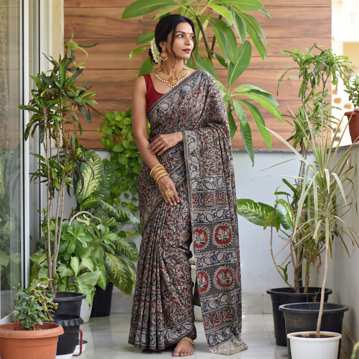 Multicolor Pedana Hand Block Print Natural Dyed Cotton Kalamkari Saree, draped and worn by a woman, AI visual of the saree, iTokri