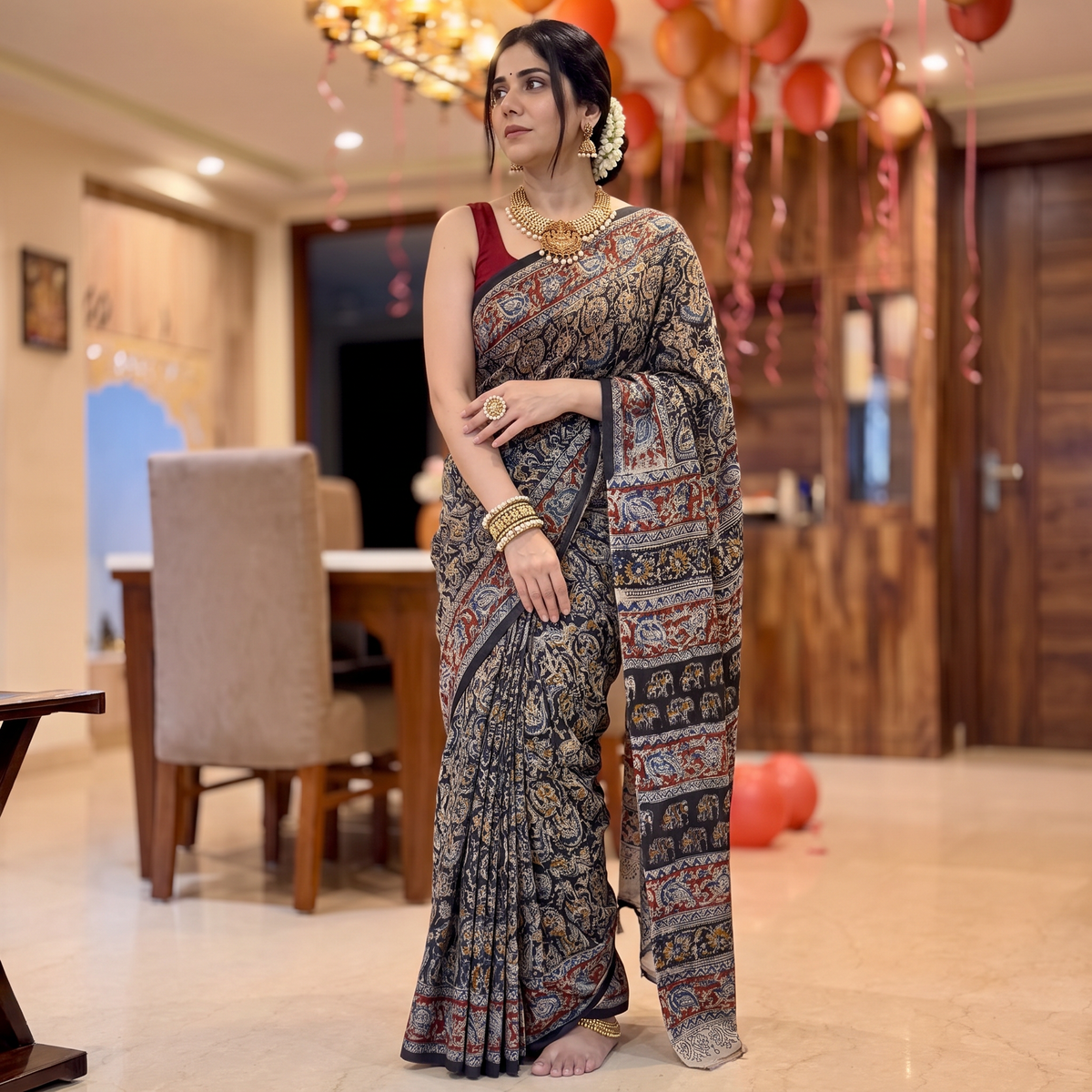 Black Pedana Hand Block Print Natural Dyed Cotton Kalamkari Saree, draped and worn by a woman, AI visual of the saree, iTokri
