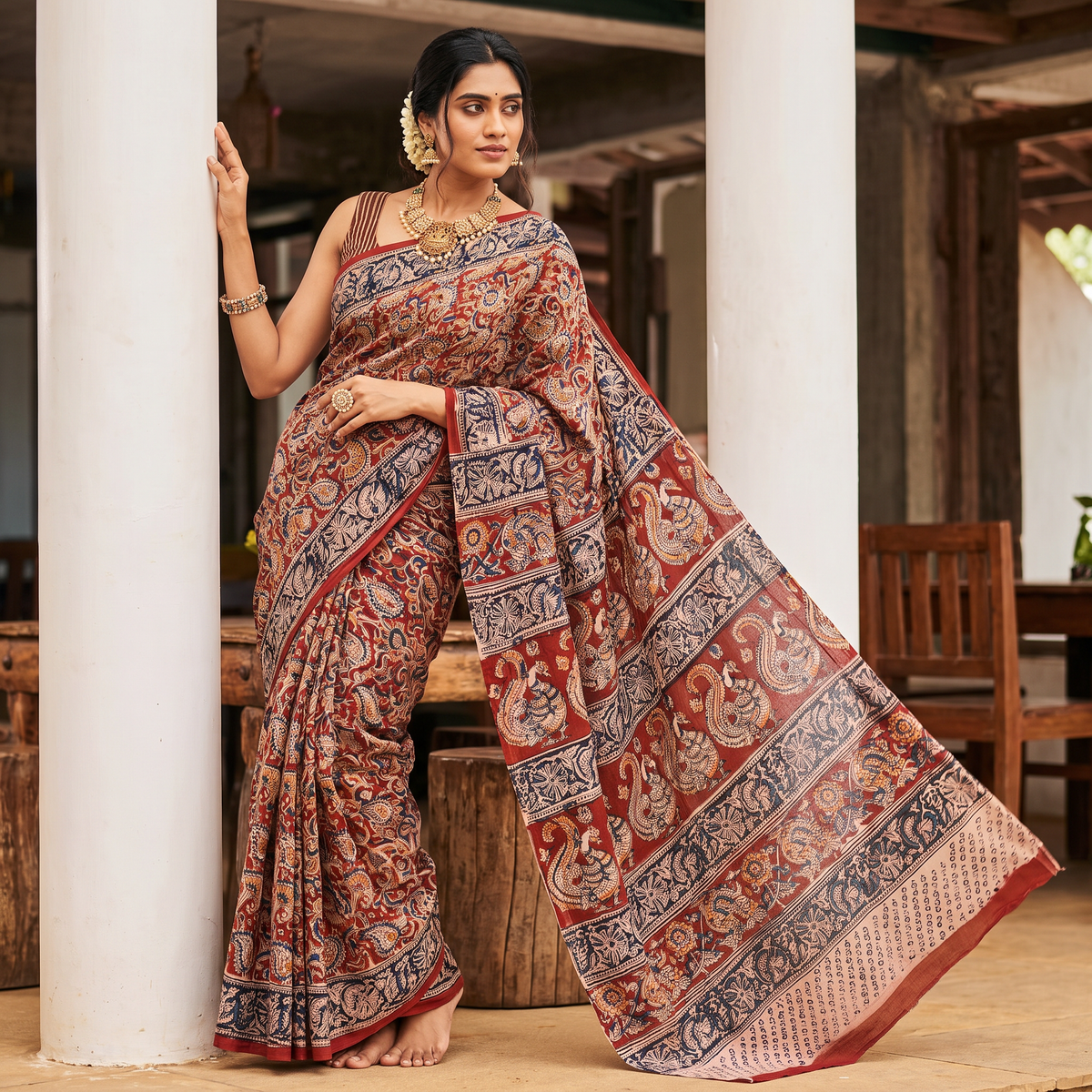 Red Pedana Hand Block Print Natural Dyed Cotton Kalamkari Saree, draped and worn by a woman, AI visual of the saree, iTokri