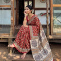Red Pedana Hand Block Print Natural Dyed Cotton Kalamkari Saree, draped and worn by a woman, AI visual of the saree, iTokri