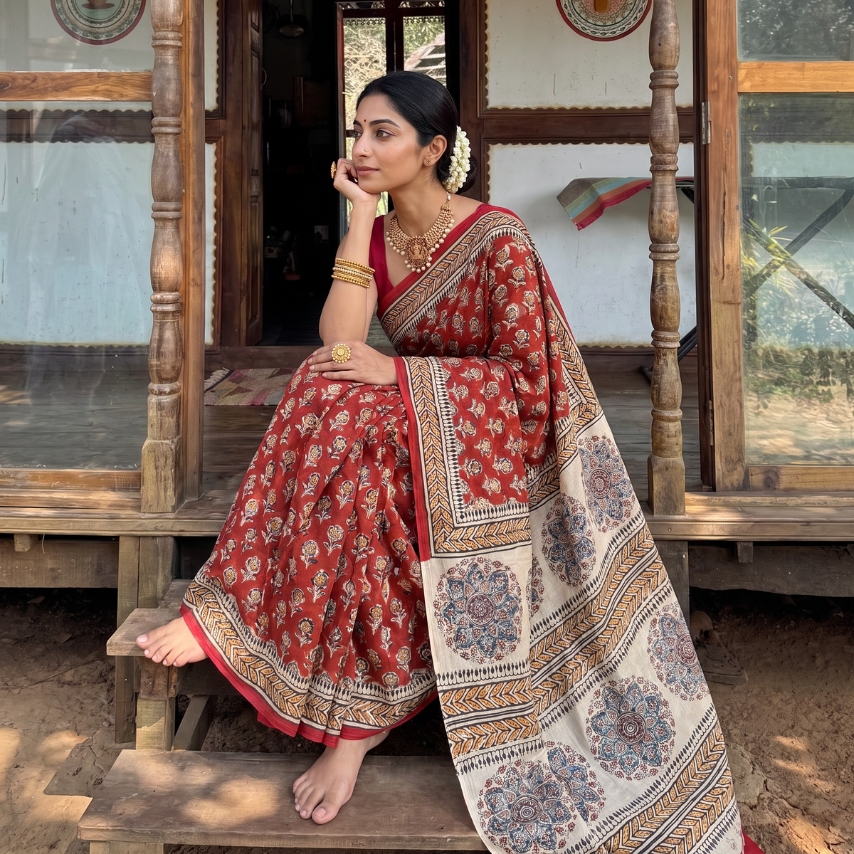 Red Pedana Hand Block Print Natural Dyed Cotton Kalamkari Saree, draped and worn by a woman, AI visual of the saree, iTokri