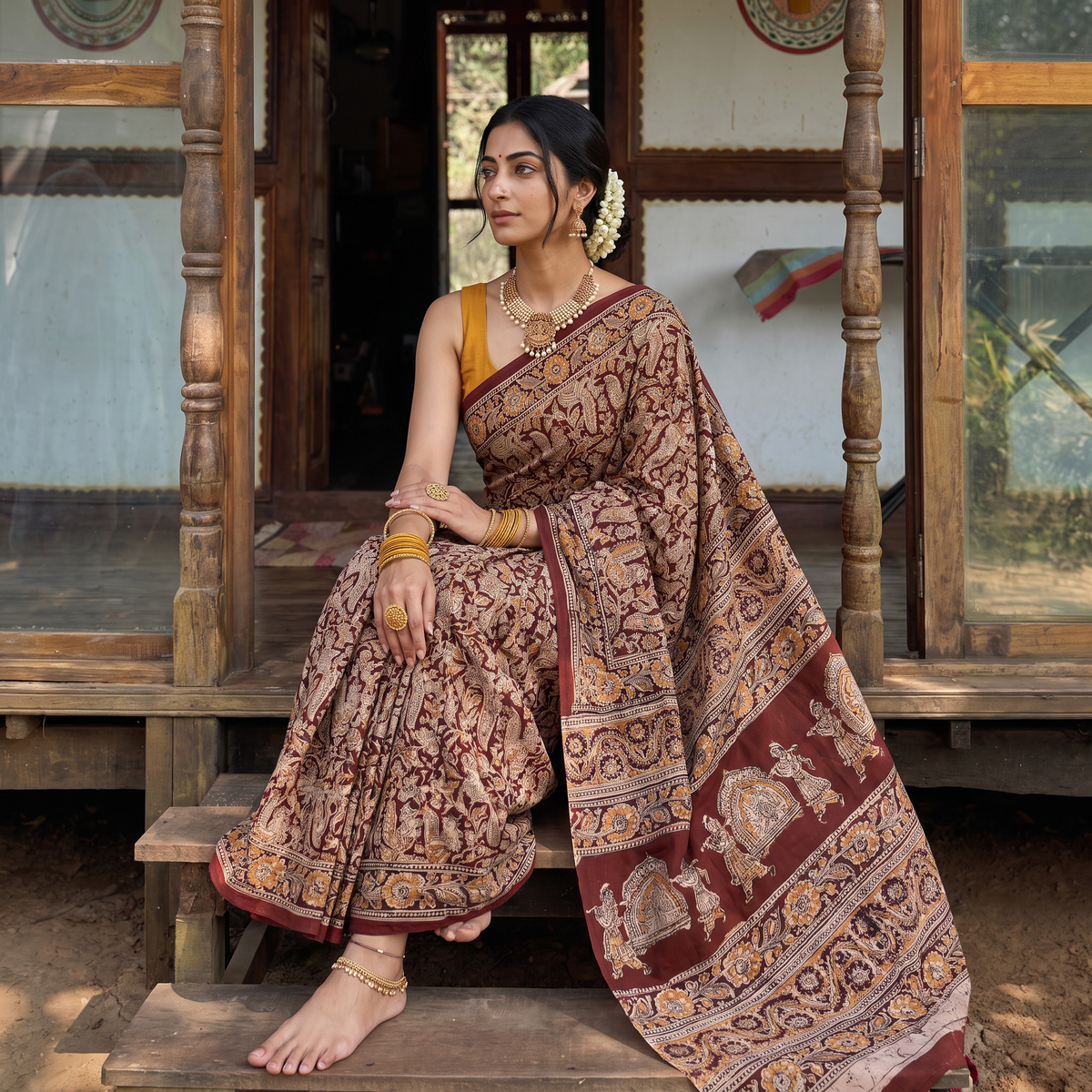 Maroon Pedana Hand Block Print Natural Dyed Cotton Kalamkari Saree, draped and worn by a woman, AI visual of the saree, iTokri