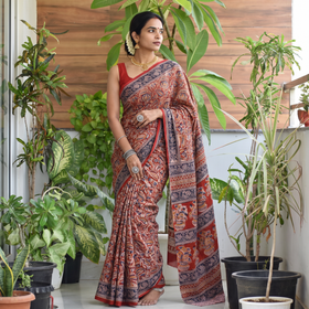 Red Pedana Hand Block Print Natural Dyed Cotton Kalamkari Saree, draped and worn by a woman, AI visual of the saree, iTokri