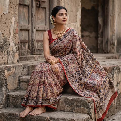 Red Pedana Hand Block Print Natural Dyed Cotton Kalamkari Saree, draped and worn by a woman, AI visual of the saree, iTokri