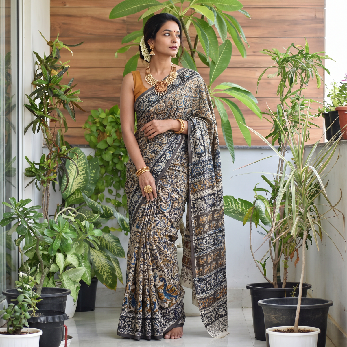 Multicolor Pedana Hand Block Print Natural Dyed Cotton Kalamkari Saree, draped and worn by a woman, AI visual of the saree, iTokri