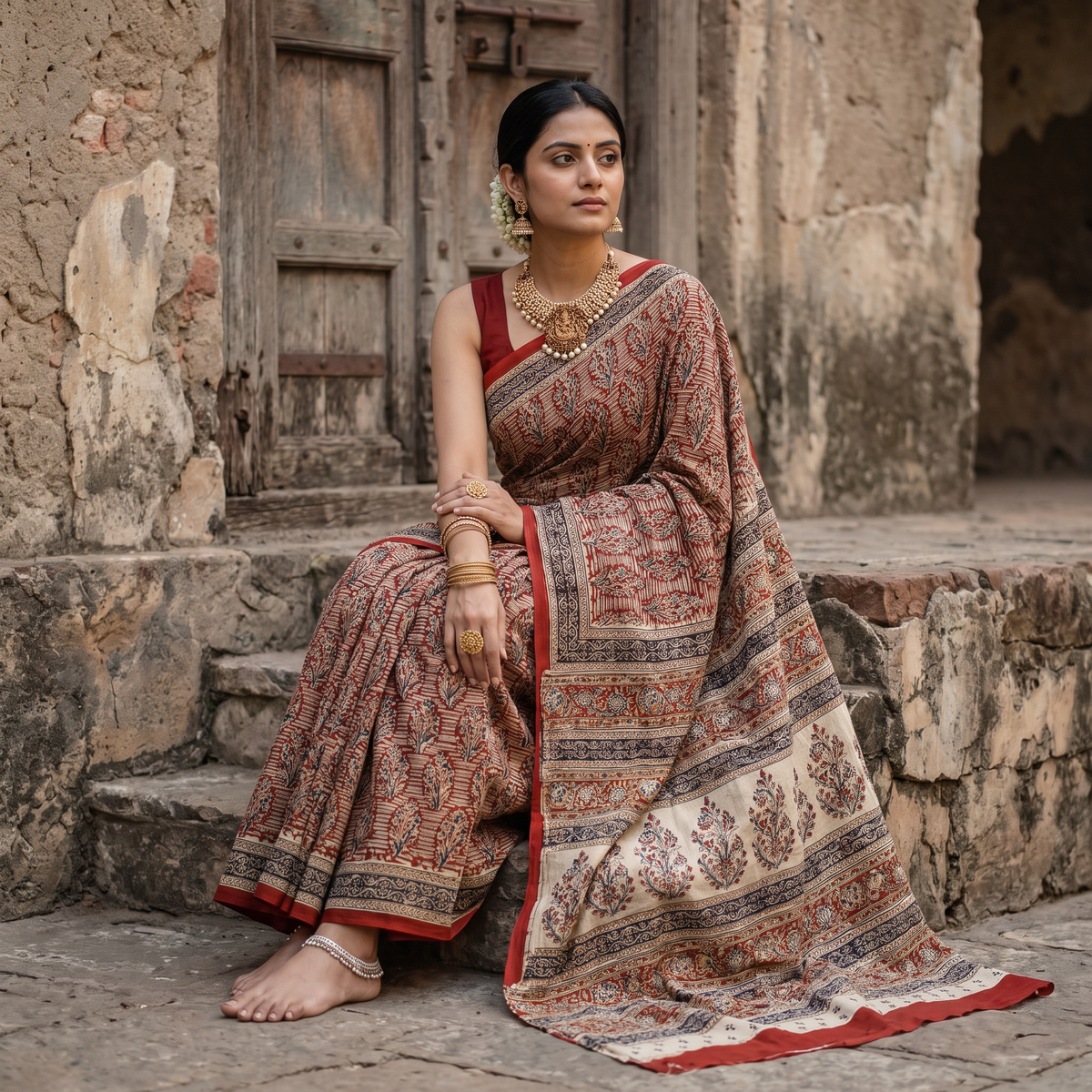 Red Pedana Hand Block Print Natural Dyed Cotton Kalamkari Saree, draped and worn by a woman, AI visual of the saree, iTokri