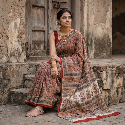 Red Pedana Hand Block Print Natural Dyed Cotton Kalamkari Saree, draped and worn by a woman, AI visual of the saree, iTokri
