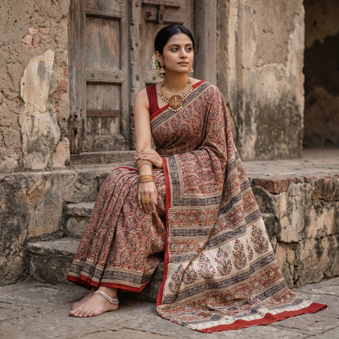 Red Pedana Hand Block Print Natural Dyed Cotton Kalamkari Saree, draped and worn by a woman, AI visual of the saree, iTokri