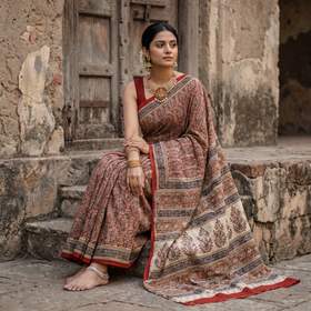Red Pedana Hand Block Print Natural Dyed Cotton Kalamkari Saree, draped and worn by a woman, AI visual of the saree, iTokri
