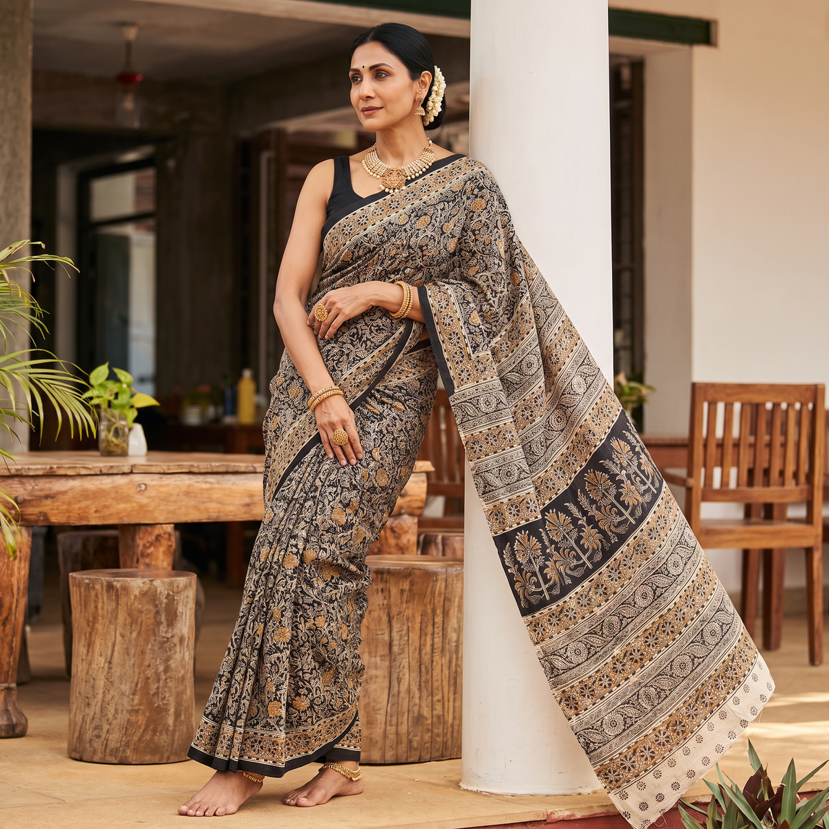 Black Pedana Hand Block Print Natural Dyed Cotton Kalamkari Saree, draped and worn by a woman, AI visual of the saree, iTokri