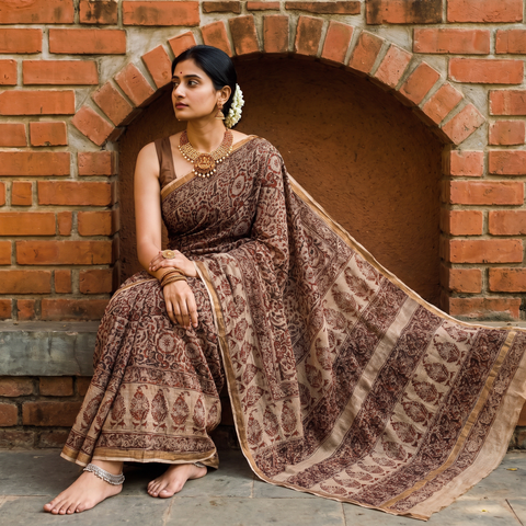Brown Pedana Hand Block Print Natural Dyed Kota Doria Cotton Kalamkari Saree, draped and worn by a woman, AI visual of the saree, iTokri