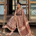 Orange Pedana Hand Block Print Natural Dyed Kota Doria Cotton Kalamkari Saree, draped and worn by a woman, AI visual of the saree, iTokri
