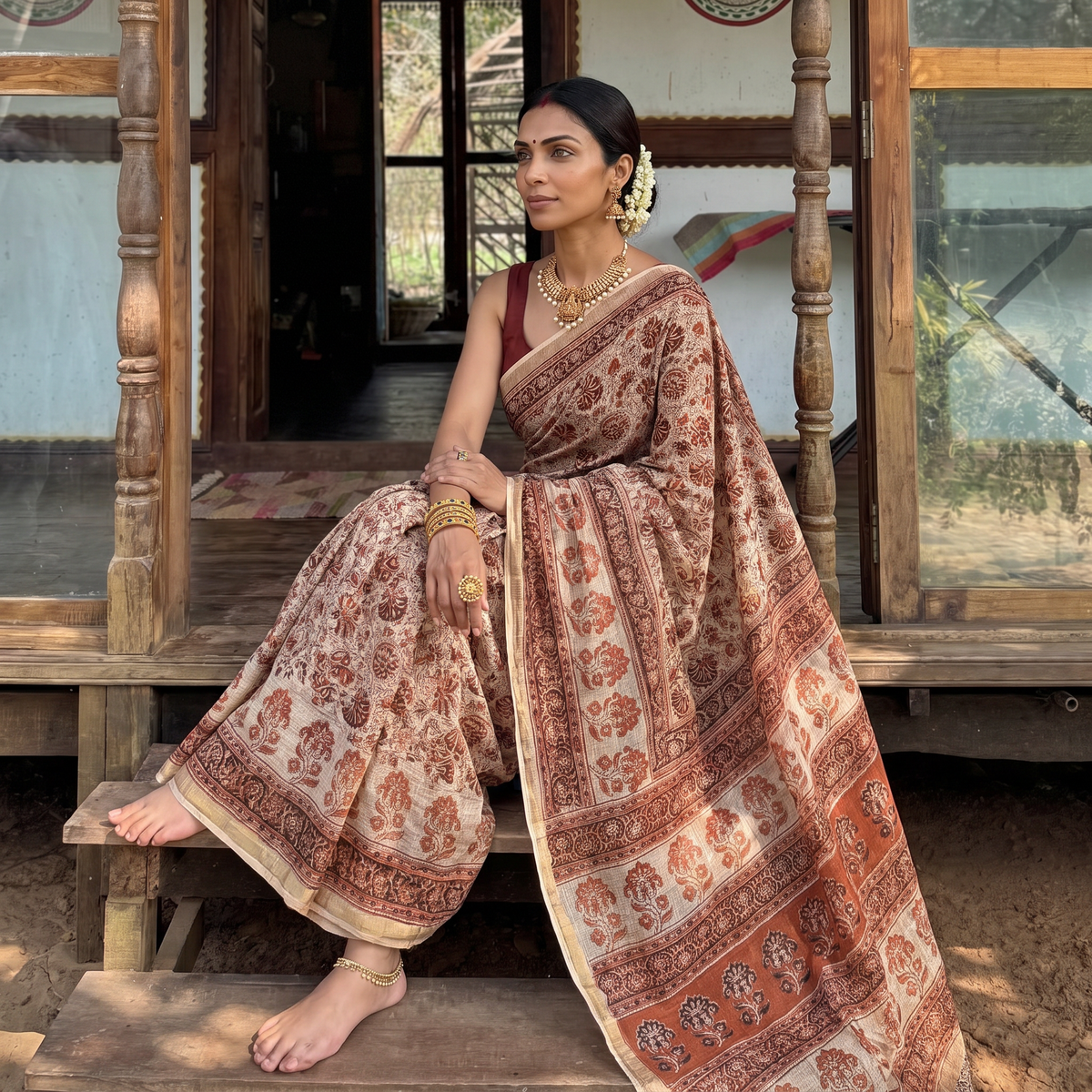 Orange Pedana Hand Block Print Natural Dyed Kota Doria Cotton Kalamkari Saree, draped and worn by a woman, AI visual of the saree, iTokri