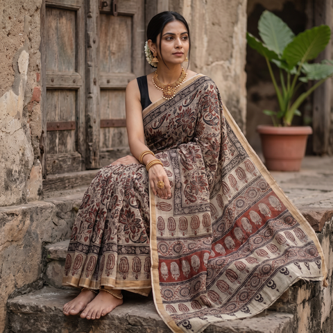 Brown Pedana Hand Block Print Natural Dyed Kota Doria Cotton Kalamkari Saree, draped and worn by a woman, AI visual of the saree, iTokri