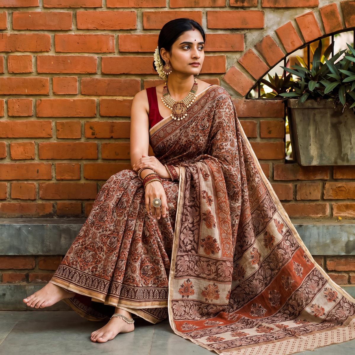 Orange Pedana Hand Block Print Natural Dyed Kota Doria Cotton Kalamkari Saree, draped and worn by a woman, AI visual of the saree, iTokri