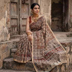 Beige Pedana Hand Block Print Natural Dyed Kota Doria Cotton Kalamkari Saree, draped and worn by a woman, AI visual of the saree, iTokri