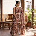 Brown Pedana Hand Block Print Natural Dyed Kota Doria Cotton Kalamkari Saree, draped and worn by a woman, AI visual of the saree, iTokri