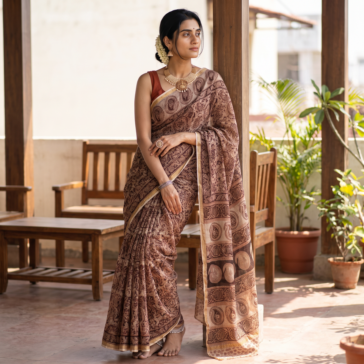 Brown Pedana Hand Block Print Natural Dyed Kota Doria Cotton Kalamkari Saree, draped and worn by a woman, AI visual of the saree, iTokri