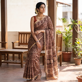 Brown Pedana Hand Block Print Natural Dyed Kota Doria Cotton Kalamkari Saree, draped and worn by a woman, AI visual of the saree, iTokri