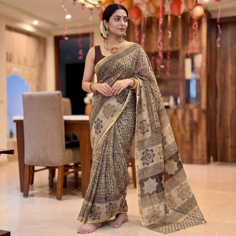 Beige Pedana Hand Block Print Natural Dyed Kota Doria Cotton Kalamkari Saree, draped and worn by a woman, AI visual of the saree, iTokri