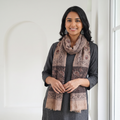 Beige Pedana Natural Dyed Hand Block Print Wool Kalamkari Stole, worn by a woman, AI visual of the stole, iTokri