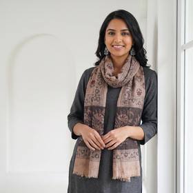 Beige Pedana Natural Dyed Hand Block Print Wool Kalamkari Stole, worn by a woman, AI visual of the stole, iTokri