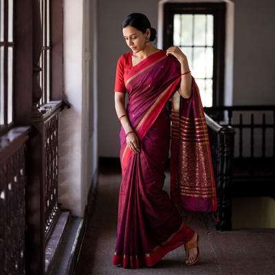 Maroon Peepal Leaf Buti Jacquard Pure Handloom Cotton Saree, draped and worn by a woman, AI visual of the saree, iTokri