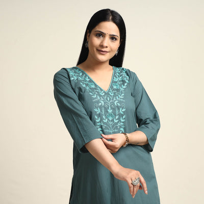  Plain Dyed Hand Embroidery Cotton Long Kurta 