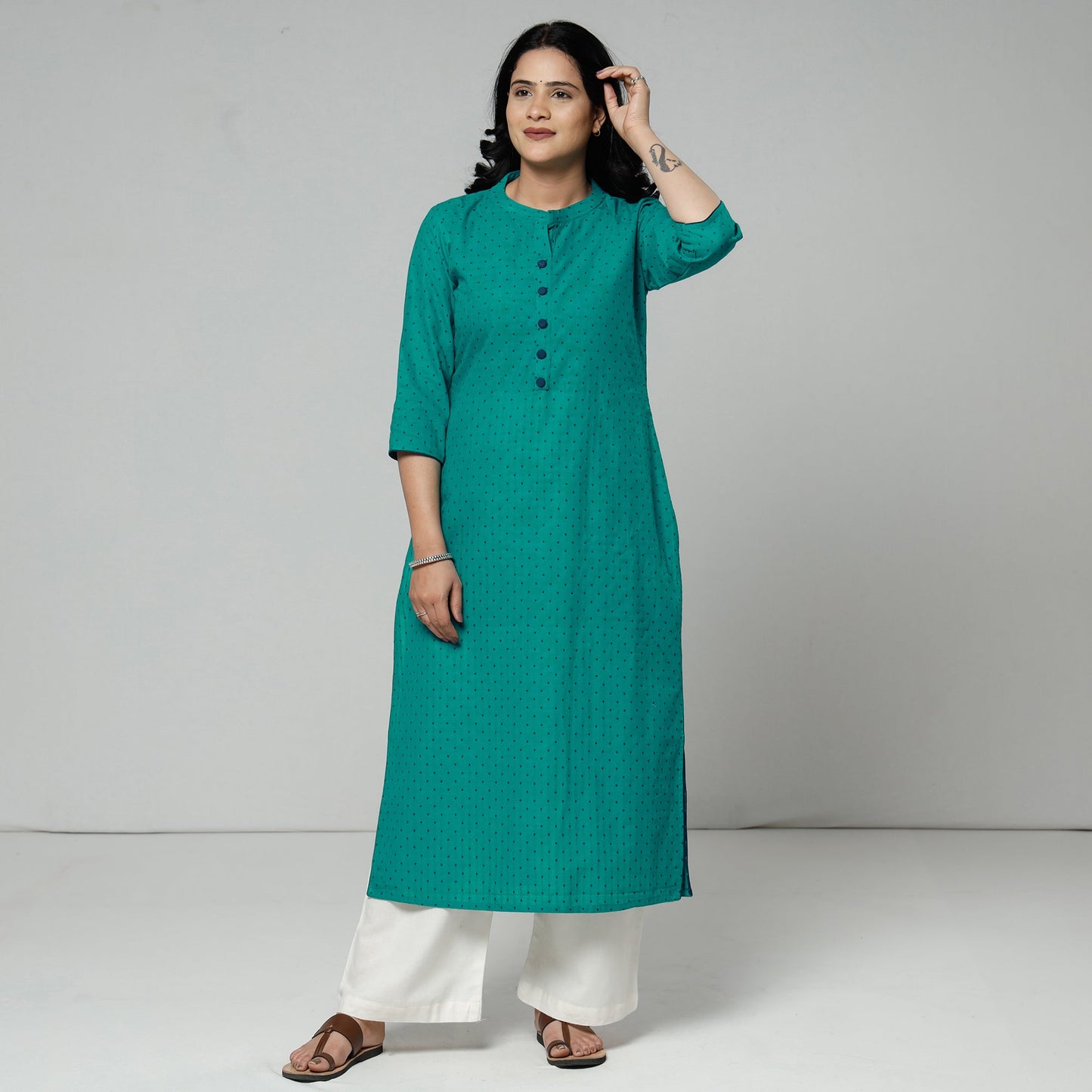 Persian green - jacquard cotton long straight kurta