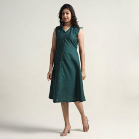 Persian Green - Plain Handloom Cotton Collared Neck Buttoned Down Dress