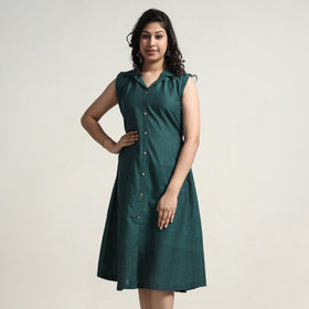 Persian Green - Plain Handloom Cotton Collared Neck Buttoned Down Dress