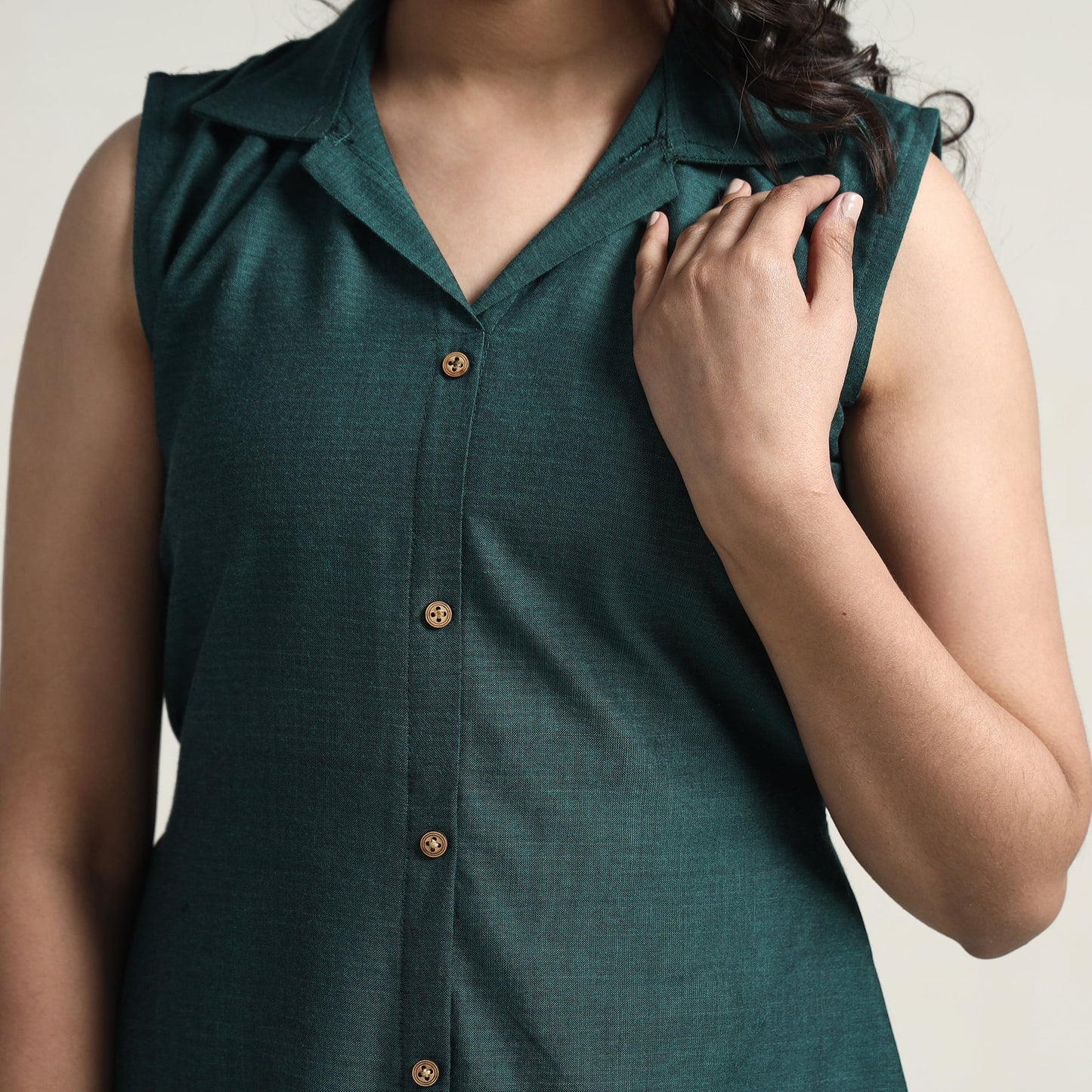 Persian Green - Plain Handloom Cotton Collared Neck Buttoned Down Dress