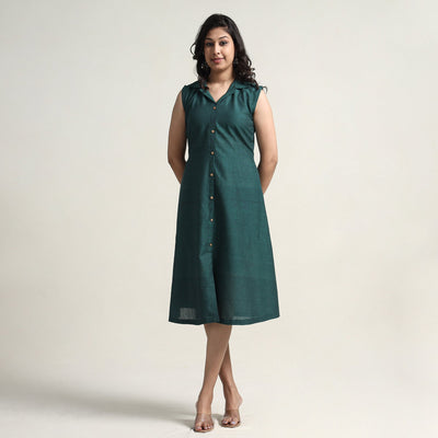 Persian Green - Plain Handloom Cotton Collared Neck Buttoned Down Dress