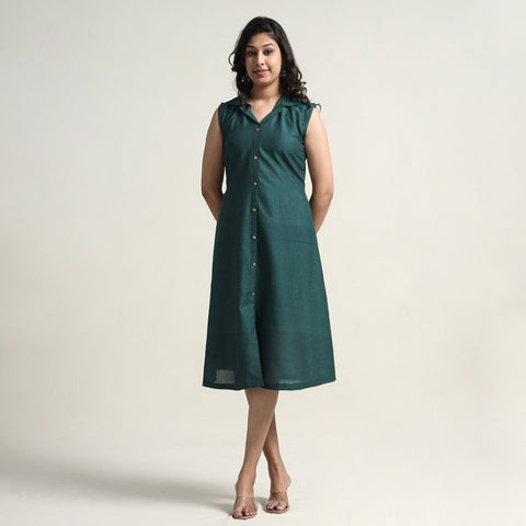 Persian Green - Plain Handloom Cotton Collared Neck Buttoned Down Dress