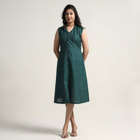 Persian Green - Plain Handloom Cotton Collared Neck Buttoned Down Dress