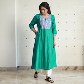 Buy Plain Slub Silk Long A-Line Kurta with Ikat Patchwork 38 Online at iTokri.com