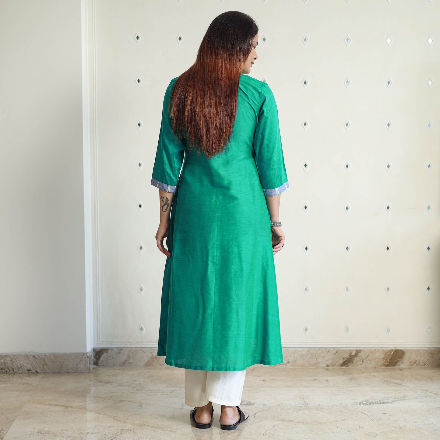 Buy Plain Slub Silk Long A-Line Kurta with Ikat Patchwork 38 Online at iTokri.com
