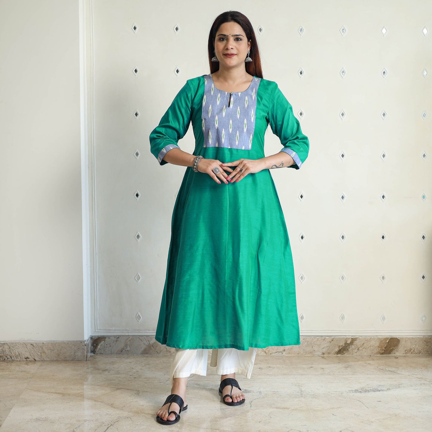 Buy Plain Slub Silk Long A-Line Kurta with Ikat Patchwork 38 Online at iTokri.com