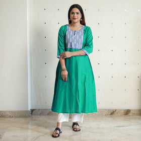 Buy Plain Slub Silk Long A-Line Kurta with Ikat Patchwork 38 Online at iTokri.com