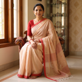 Beige Phulia Jamdani Pure Handloom Cotton Saree with Tassels (Count 84/40), draped and worn by a woman, AI visual of the saree, iTokri
