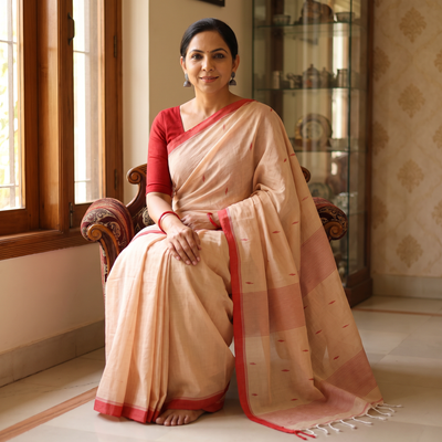 Beige Phulia Jamdani Pure Handloom Cotton Saree with Tassels (Count 84/40), draped and worn by a woman, AI visual of the saree, iTokri