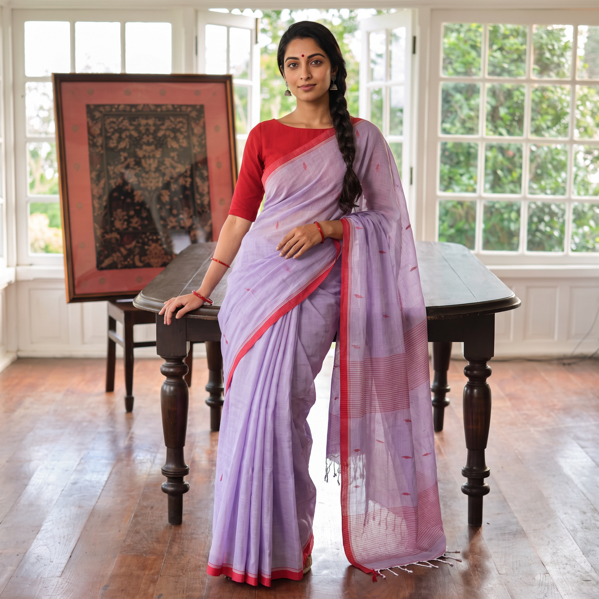 Purple Phulia Jamdani Pure Handloom Cotton Saree with Tassels (Count 84/40), draped and worn by a woman, AI visual of the saree, iTokri