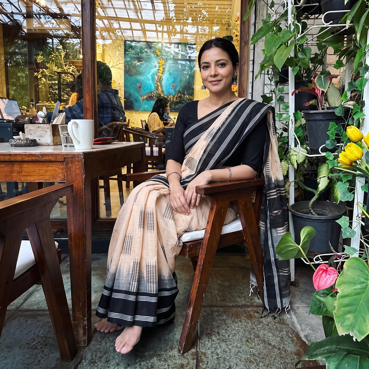 Beige Phulia Jamdani Pure Handloom Cotton Saree with Tassels (Count 84/40), draped and worn by a woman, AI visual of the saree, iTokri