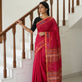 Red Phulia Jamdani Pure Handloom Cotton Saree with Tassels (Count 84/40), draped and worn by a woman, AI visual of the saree, iTokri