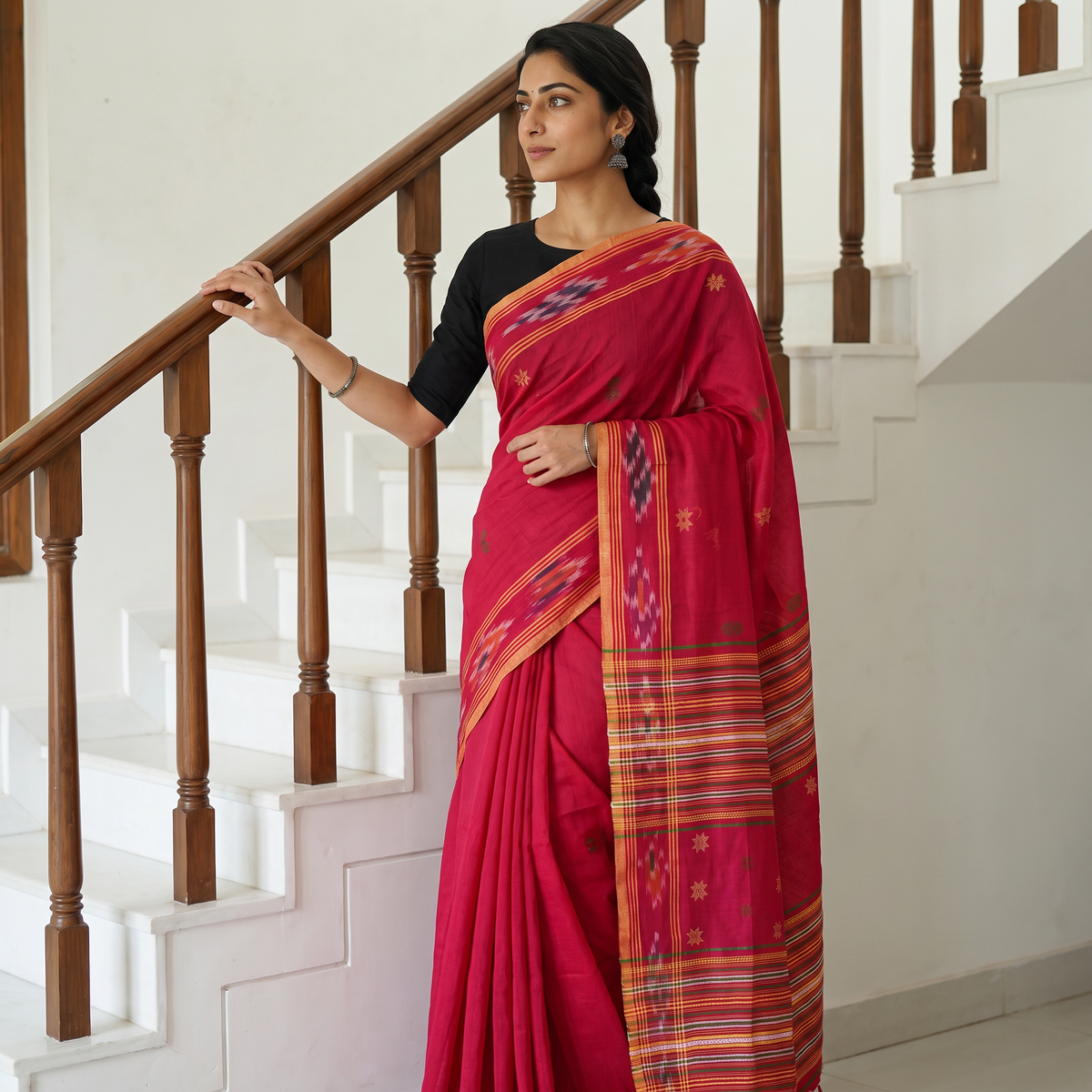 Red Phulia Jamdani Pure Handloom Cotton Saree with Tassels (Count 84/40), draped and worn by a woman, AI visual of the saree, iTokri