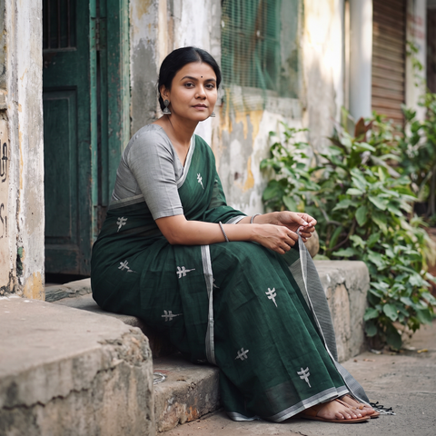 Green Phulia Jamdani Pure Handloom Cotton Saree with Tassels (Count 92/40), draped and worn by a woman, AI visual of the saree, iTokri