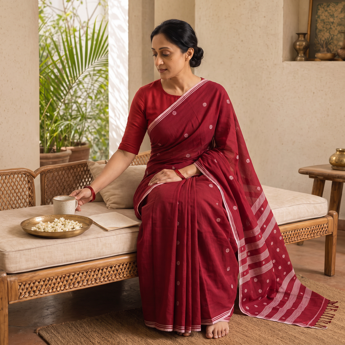 Red Phulia Jamdani Pure Handloom Cotton Saree with Tassels (Count 92/40), draped and worn by a woman, AI visual of the saree, iTokri